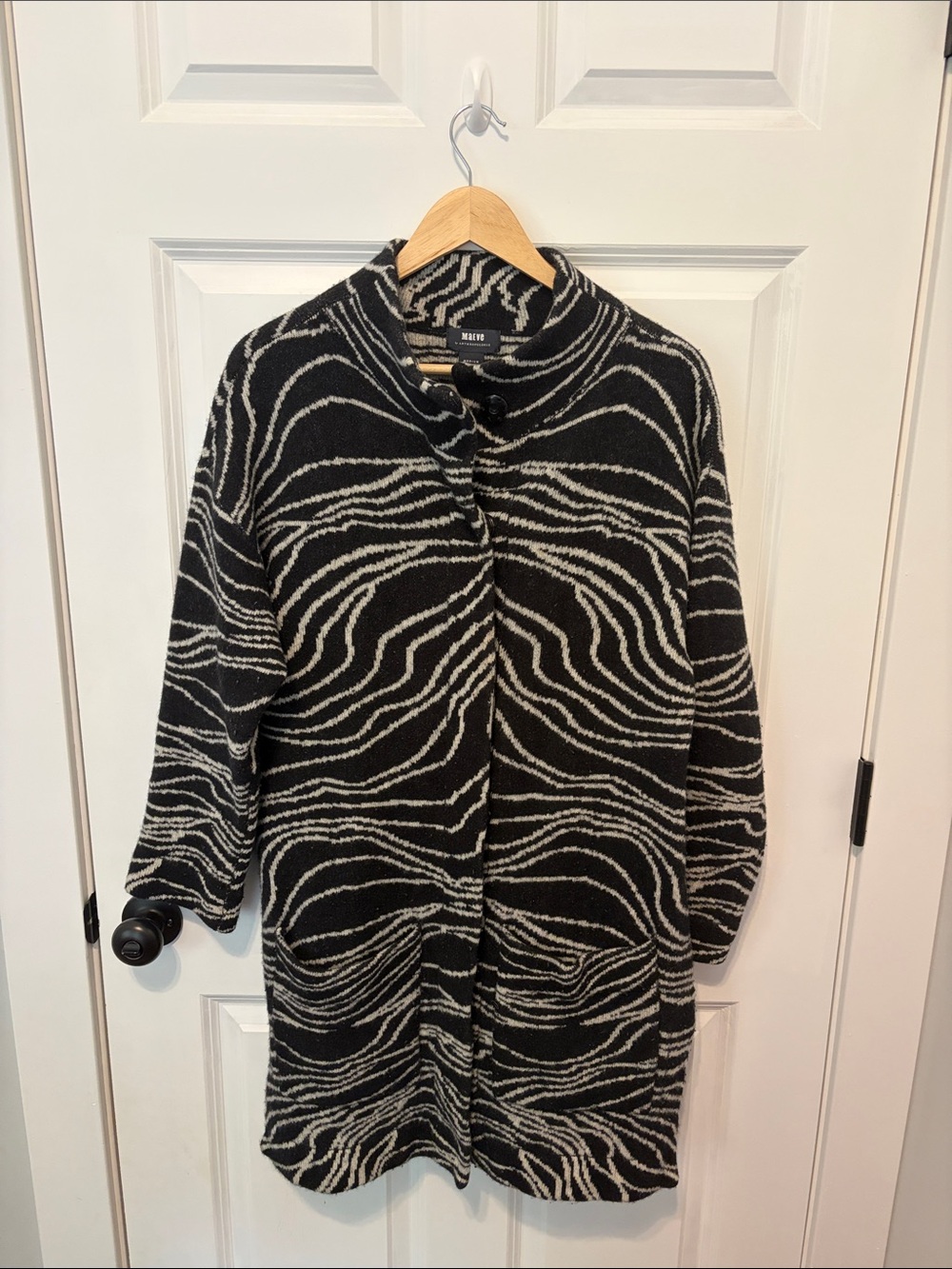Maeve by Anthropologie Black & Ivory Wave-Pattern Teddy Wool Jacket